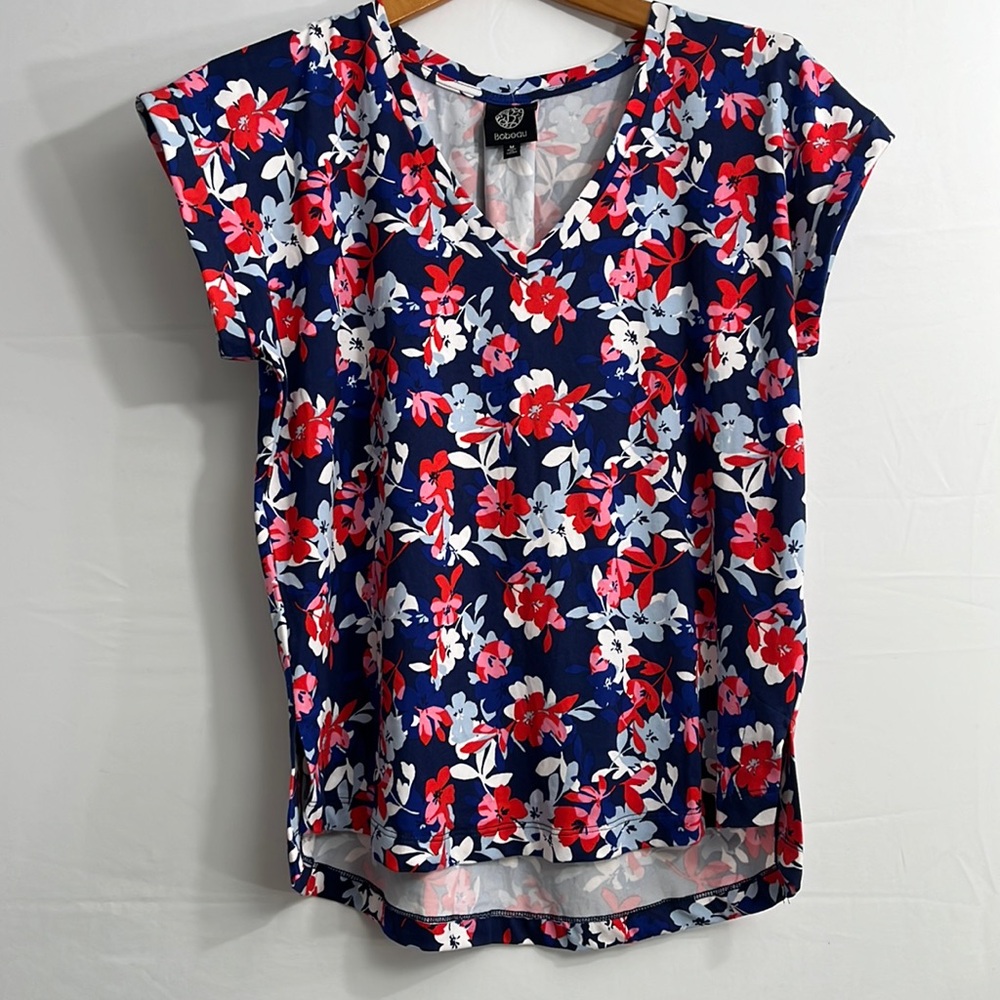 NEW Bobeau M Blue Red Pink White Short Sleeve Blouse Top
